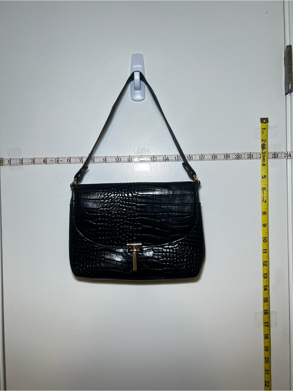 Black Croc-Embossed Shoulder Bag with Gold Hardware and Multiple Pockets
